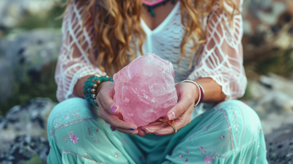 Women holding a rose quartz for chakra healing